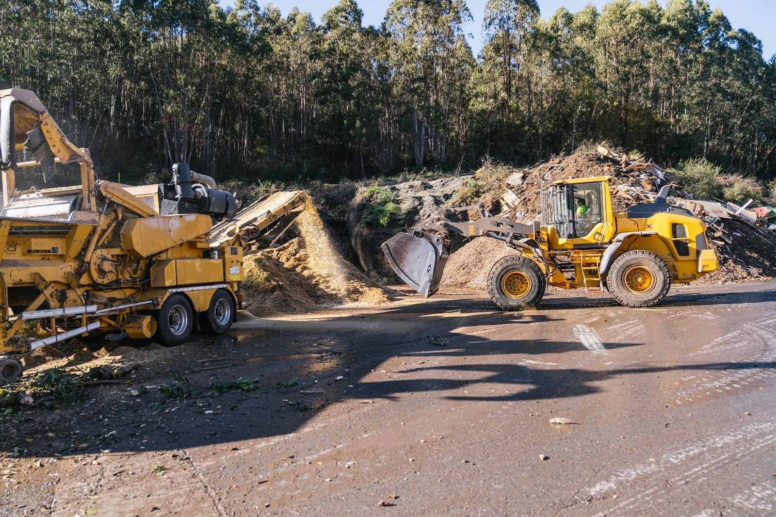 Two heavy equipment machines are clearing up landscapes.