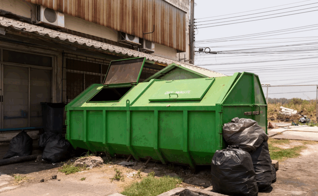 A rental dumpster is overflowing with industrial construction waste.