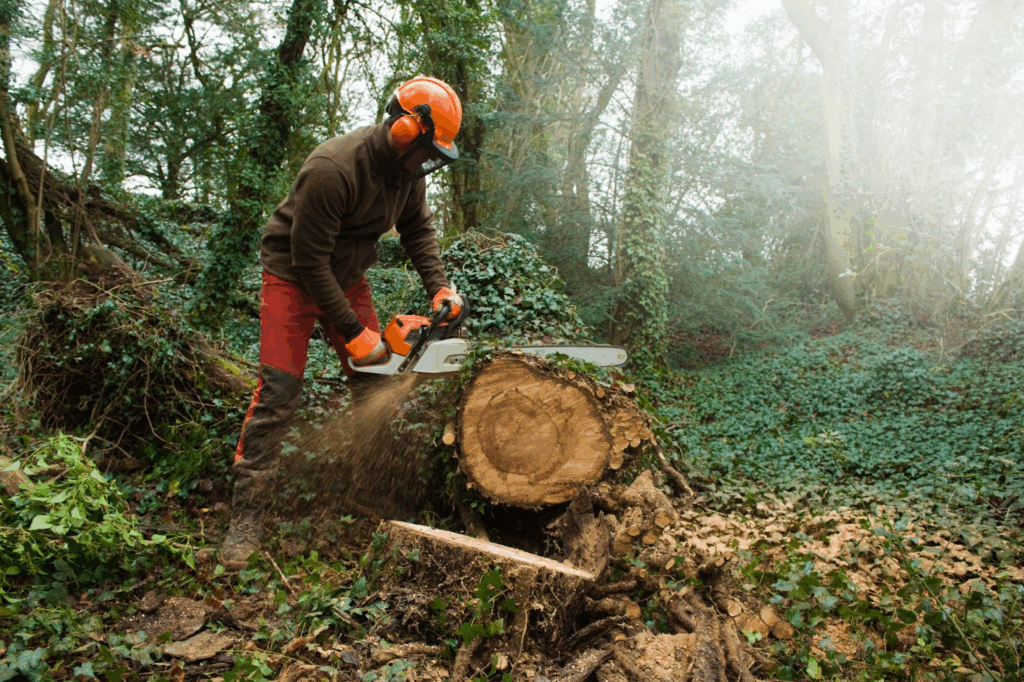 Tree worker in safety gear sawing trunk during removal process.