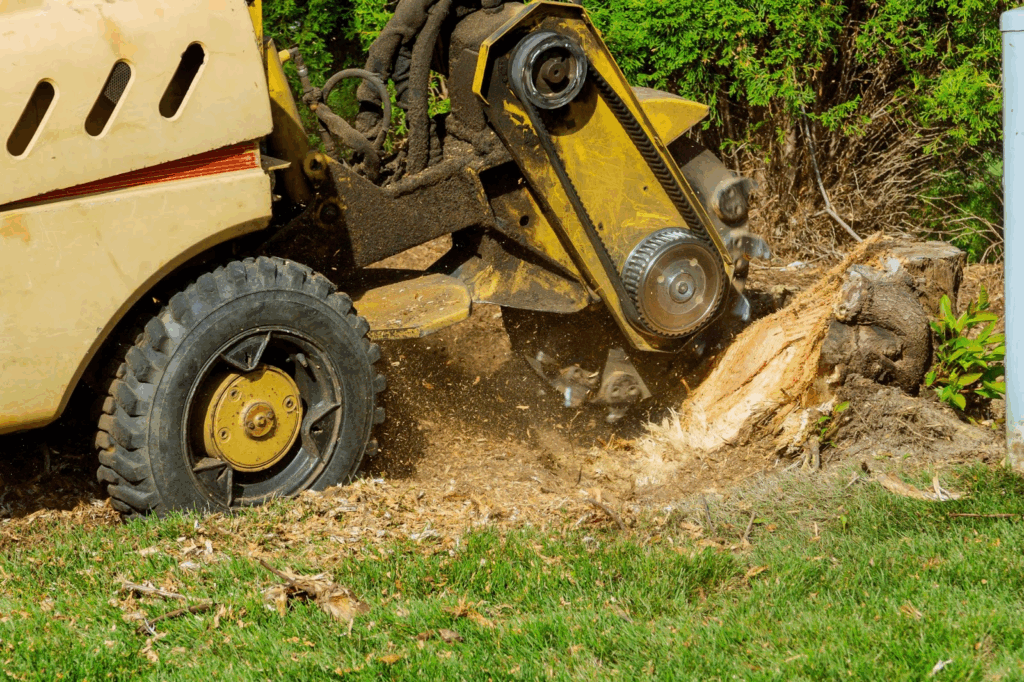 A tractor is pulling out a tree stump.